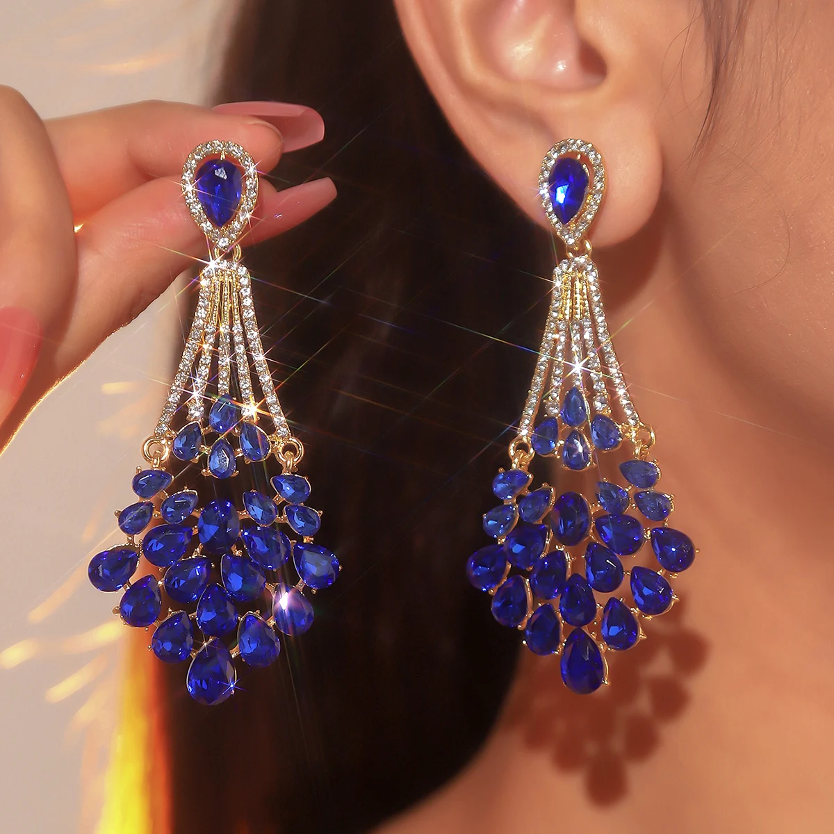

Amazon Hot Selling Vintage Colorful Crystal Earrings for Women Fashion Light Luxury Teardrop Long Tassel Earrings