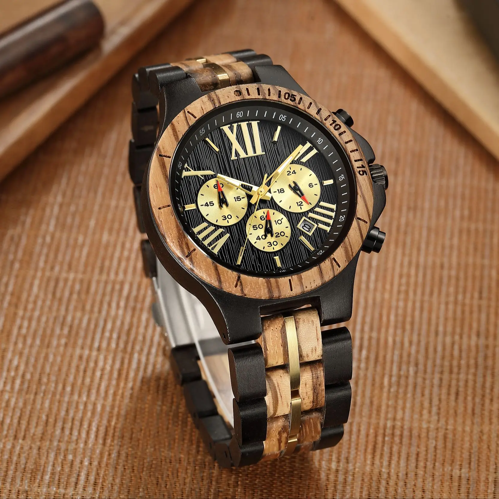 Wooden Watch Men Military Quartz Watches Luxury Stylish Wood Timepieces Chronograph Personalized Engraved Gift 2024