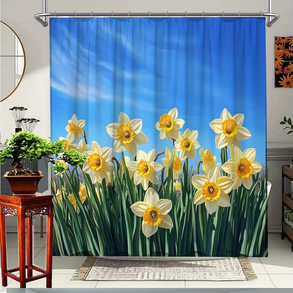 

1pc Spring Floral Shower Curtain with Vibrant Yellow Daffodils & Blue Sky Design - Polyester Fabric Bathroom Decor, 70.8x70.8 In