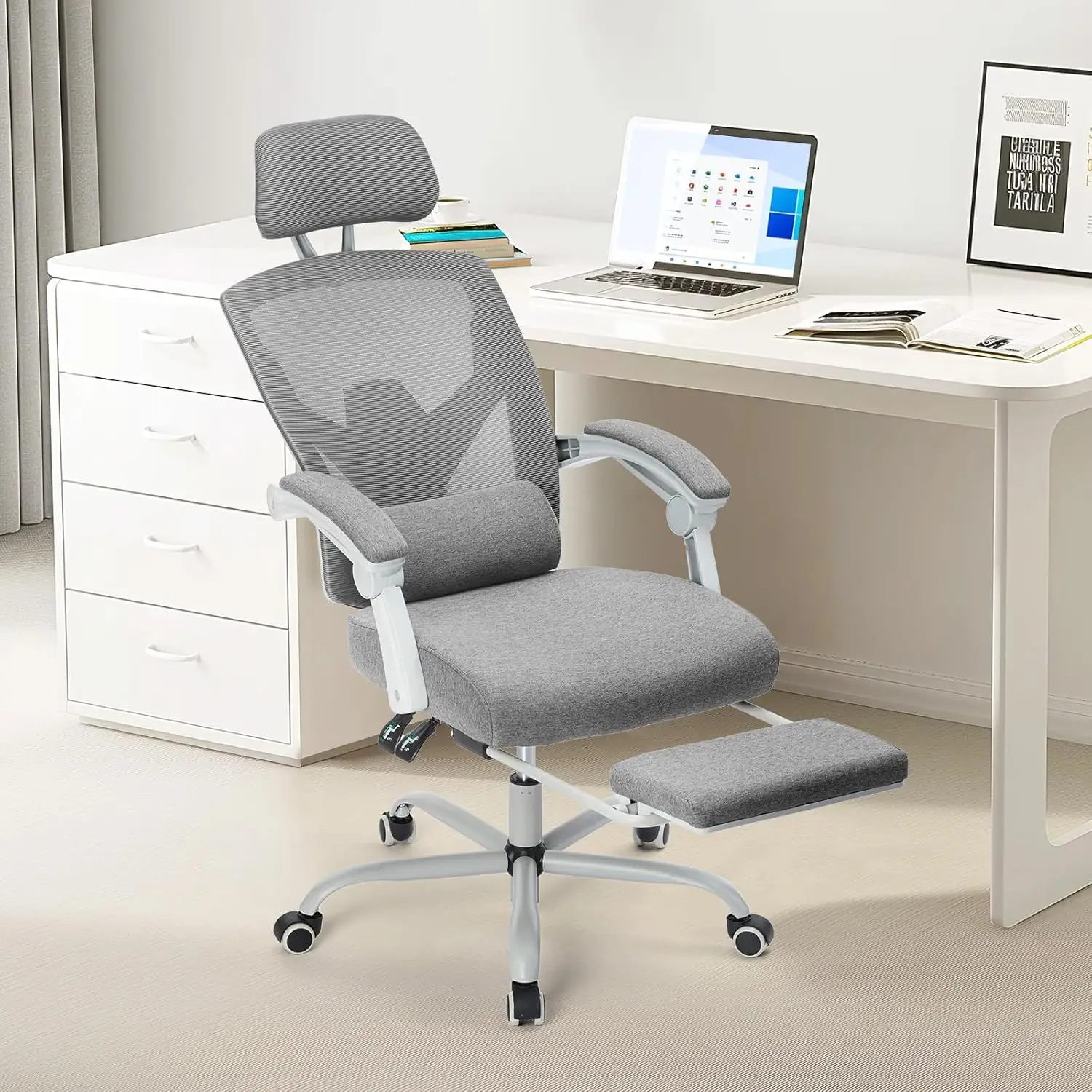 

Ergonomic High-Back Mesh Office Chair with Footrest, Rolling Swivel Wheels, Lumbar Support, Comfy Arms for Home, Study, Light Grey