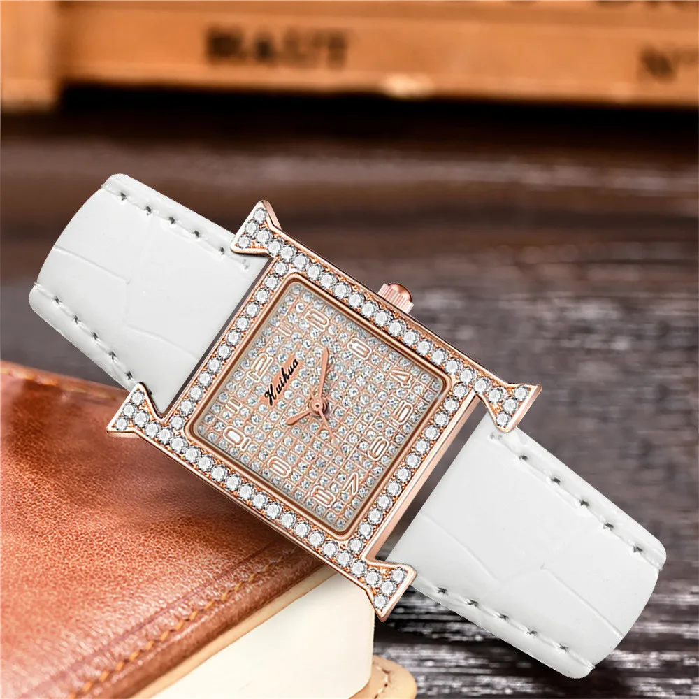 Luxury Ladies Brand Watches Fashion Square Diamond Full of Stars Lady Quartz Watch Casual Leather Women Dress Clocks Wristwatche