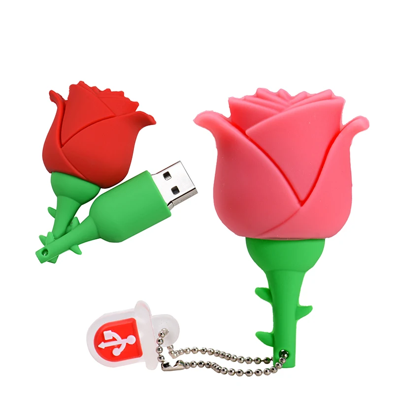 Cartoon Red Rose USB Flash Drives 128GB Pink Memory Stick 64GB Creative Gift for Kids Pen Drive 32GB Free Key Chain Pendrive