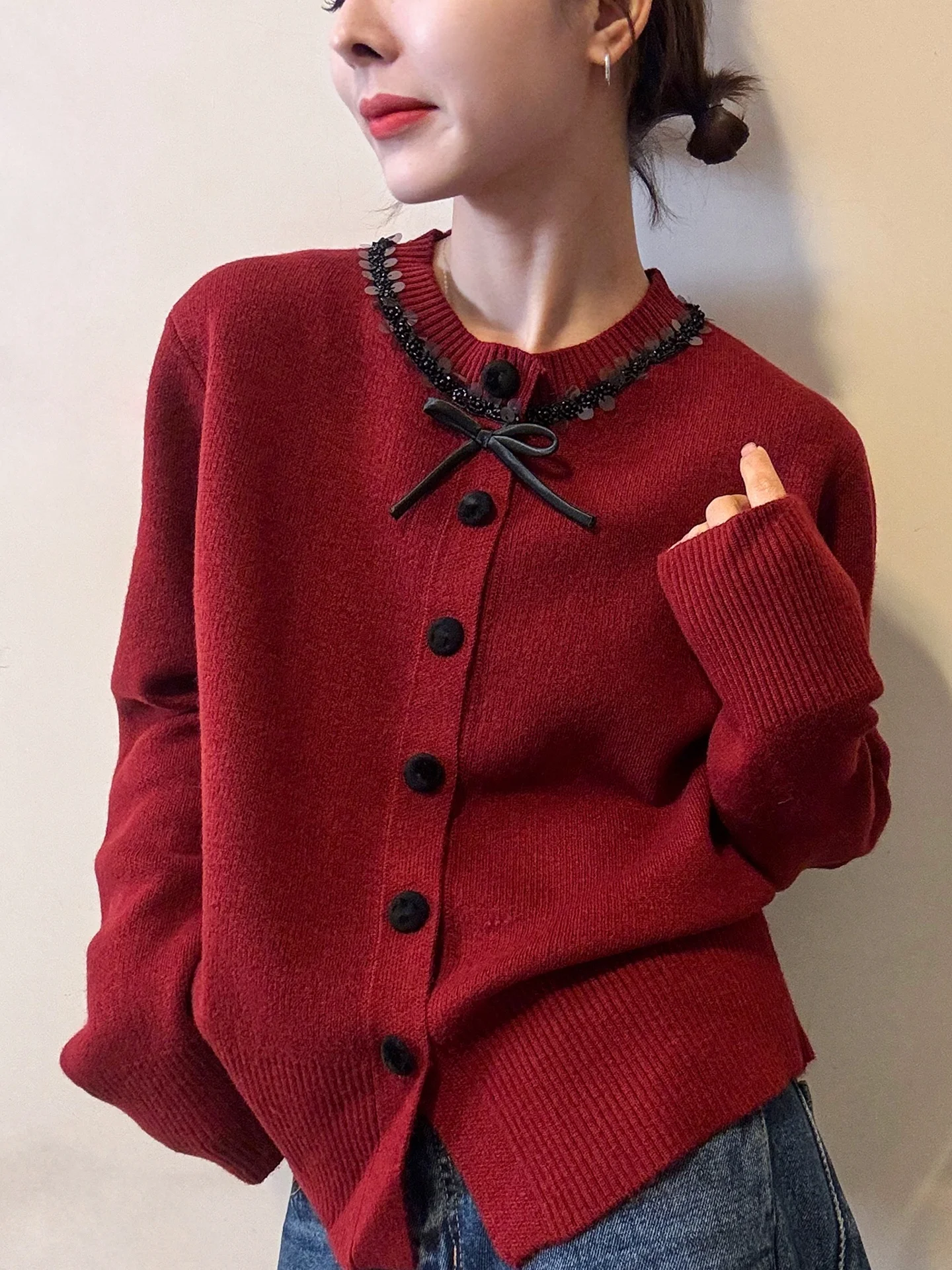 

Sweet Red Knitted Sweater round Ne Design Winter Long Sve Versatile Top Commute Sle Korean Version Straight Cut Body