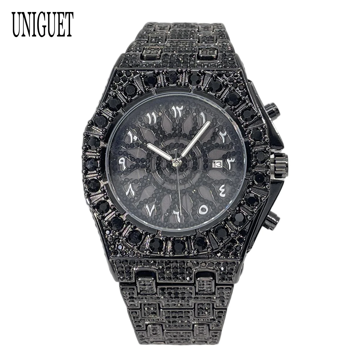 UNIGUET Cool Black Diamond Watch for Men Luxury Hip Hop Full Ice Out Bling Wristwatch with Date Reloj Hombre 2026 Hot Salec