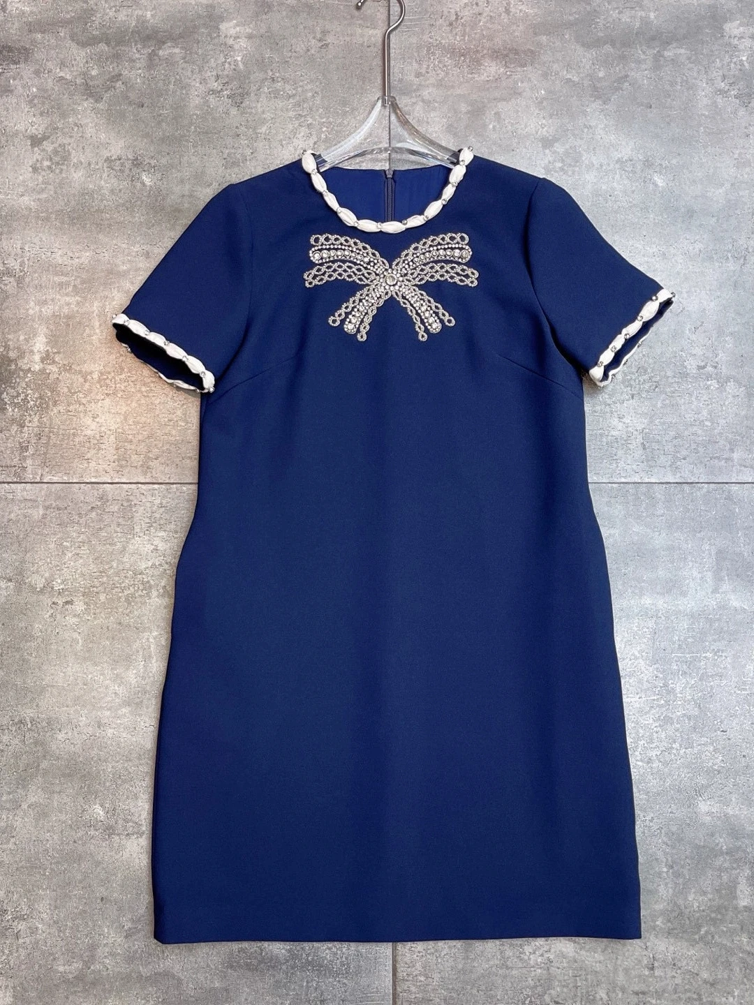 

2025 Spring and Summer New Round Neck Short Sleeve Studded Diamond Bowknot Sequined Short Skirt Loose Dress-GZXX143