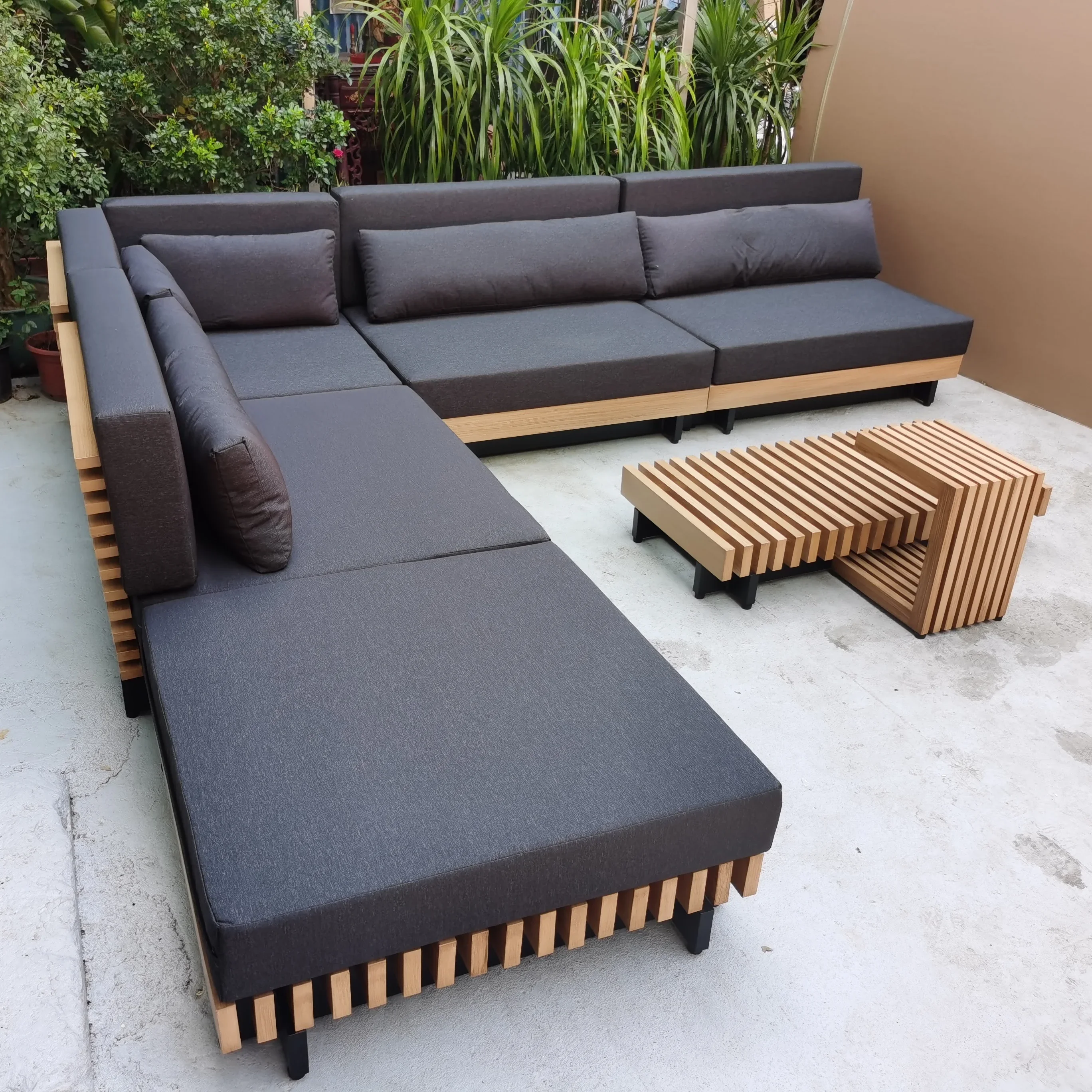 modern solid wood furniture with cushions sofa set wooden sofa loung chair garden patio hotel sectional outdoor sofa