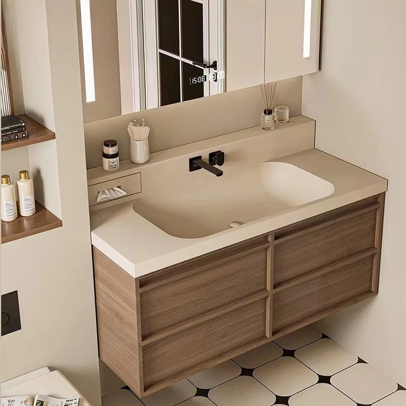 Nova bacia integrada antiga DuPont Corian importada, combinação de armário de banheiro, mesa de lavagem facial, bacia única