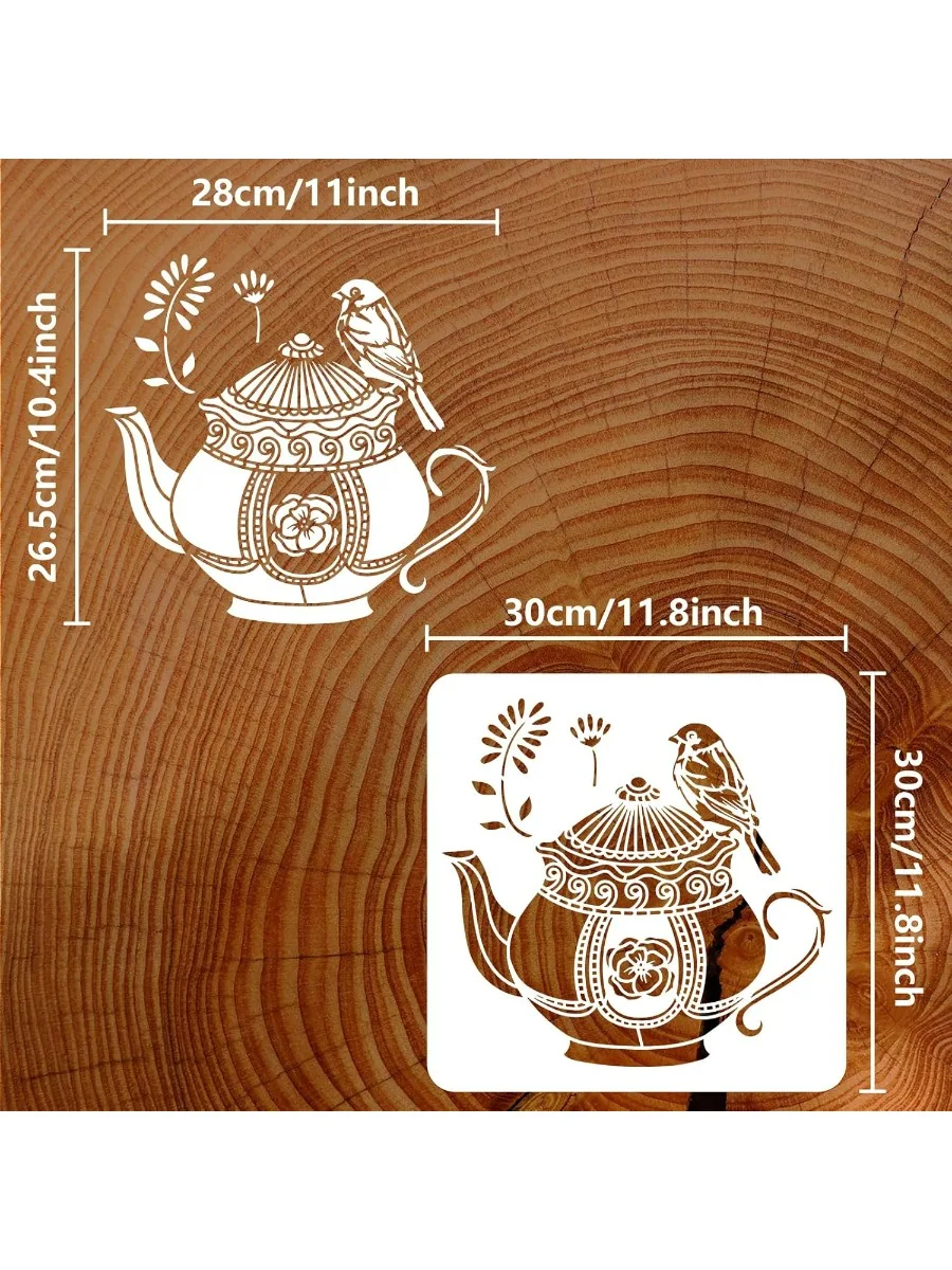 Teaport and Bird Stencil for Painting 11.8x11.8inch Large Afternoon Tea Drawing Template Reusable Teaport with Floral Pattern