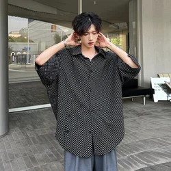 Fashion Plaid Batwing Blouse Men 3/4 Sleeves Elegant Shirt Button Decor Women Tops Oversized Casual Streetwear Party Shirts