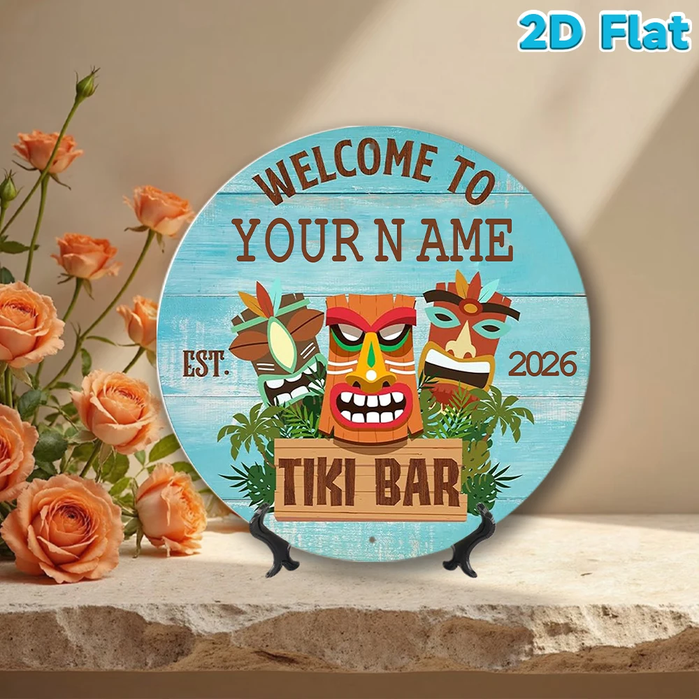 Custom Name & Year Tiki Bar Round Metal Sign Tiki Mask and Palm Decor Plaque for Backyard Patio Beach Wall Art view 4