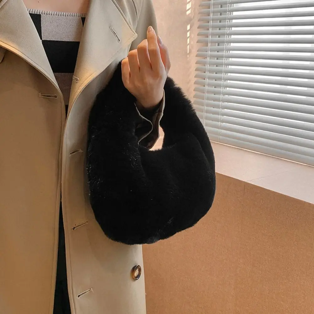 Solid Color Plush Dumpling Bag Korean Style Niche Design Faux Rabbit Fur Handbag Tote Bag Handbag Small Phone Bag Outdoor