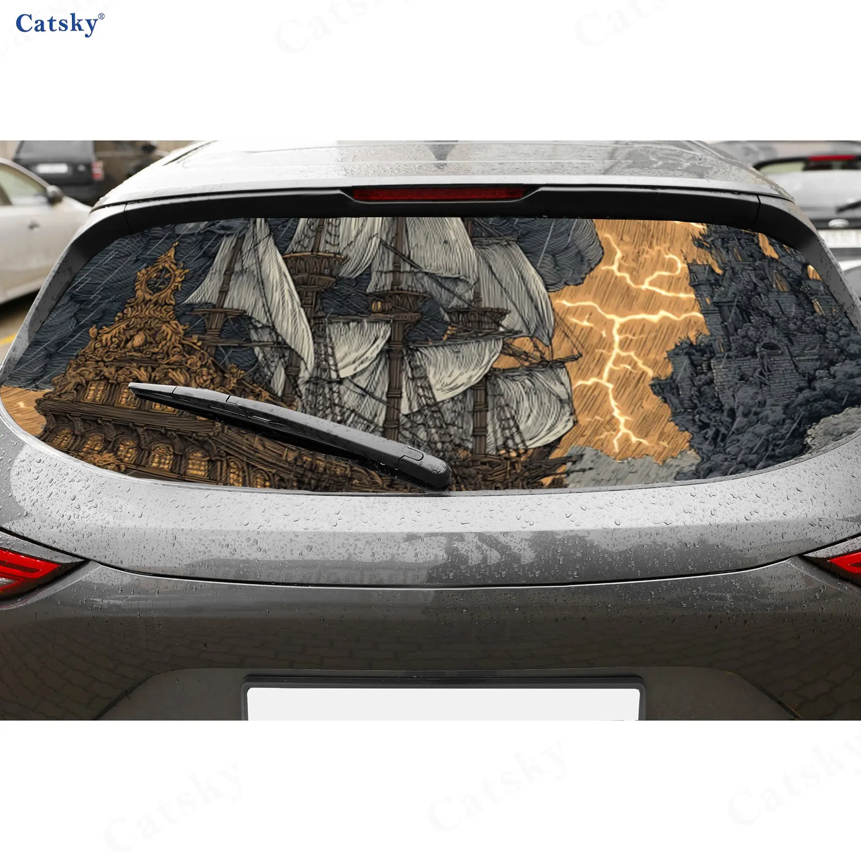 

Молния Пиратский корабль Доминирование ПВХ перфорированные автомобильные виниловые обертывания, прочная наклейка на заднее лобовое стекло автомобиля, водонепроницаемое заднее окно автомобиля