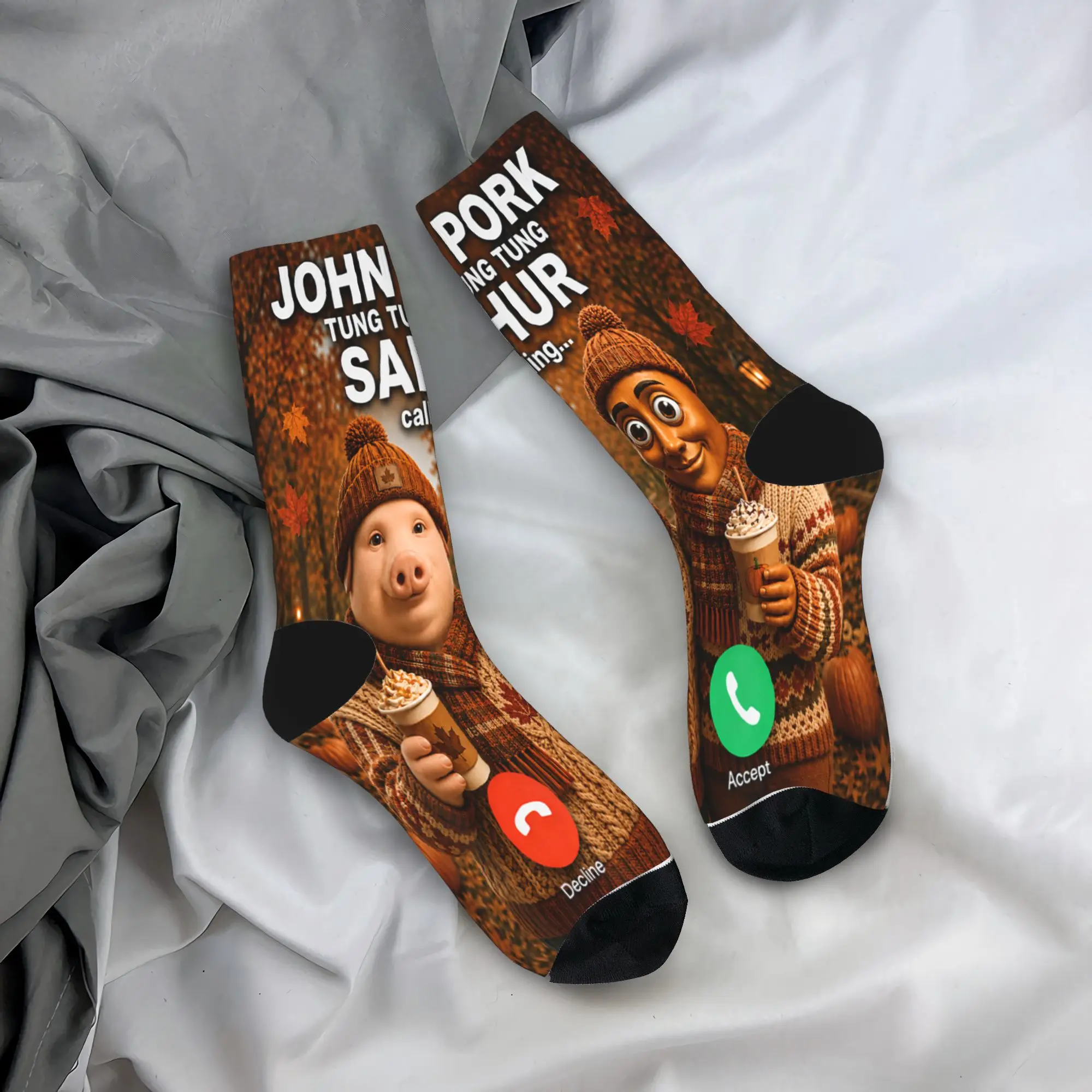 John Pork Tung Tung Tung Sahur Calling Fall Meme Brainrot Socks Retro Stockings Autumn Non-Slip Men Socks Graphic Climbing Socks