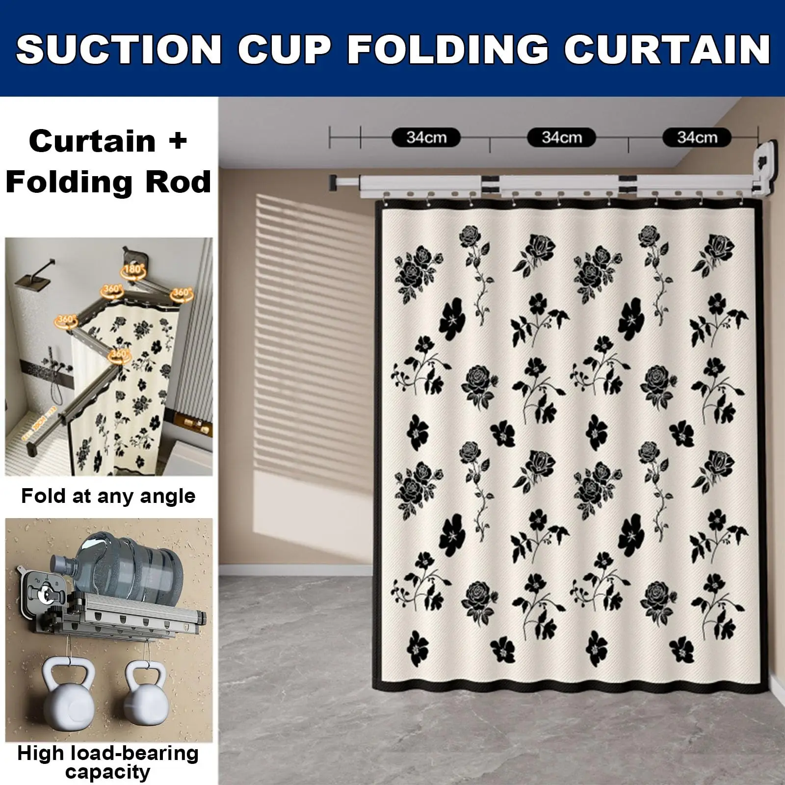 Adjustable Wall Mounted Folding Shower Curtain with Suction Cup, Extendable Rod for Bathroom & Bathtub, Linen 2-Fold