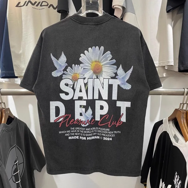 

American High Street Flowers Peace Dove Print Retro Washable Old Loose Round Neck Men and Women Hip-hop Short-sleeved T-shirt