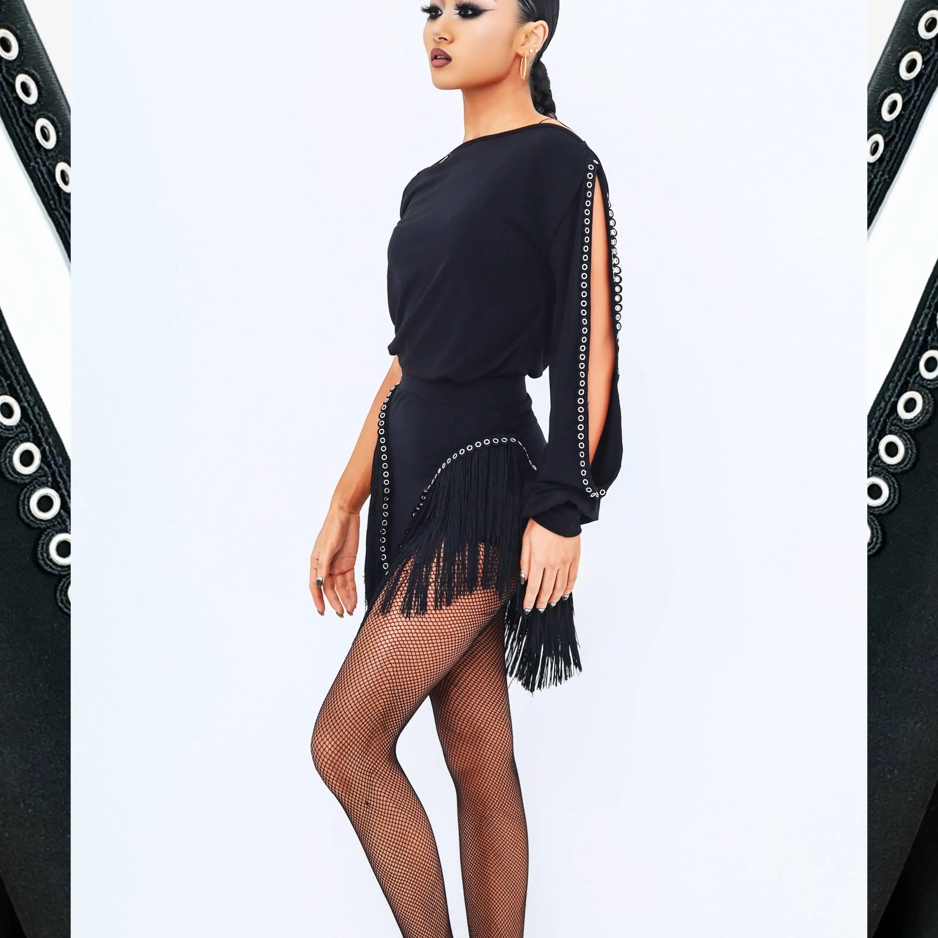 디자인 센스 라틴 댄스 의상 성인 여성 블랙 탑 프린지 스커트 룸바 삼바 연습복 대회 드레스 SS1004