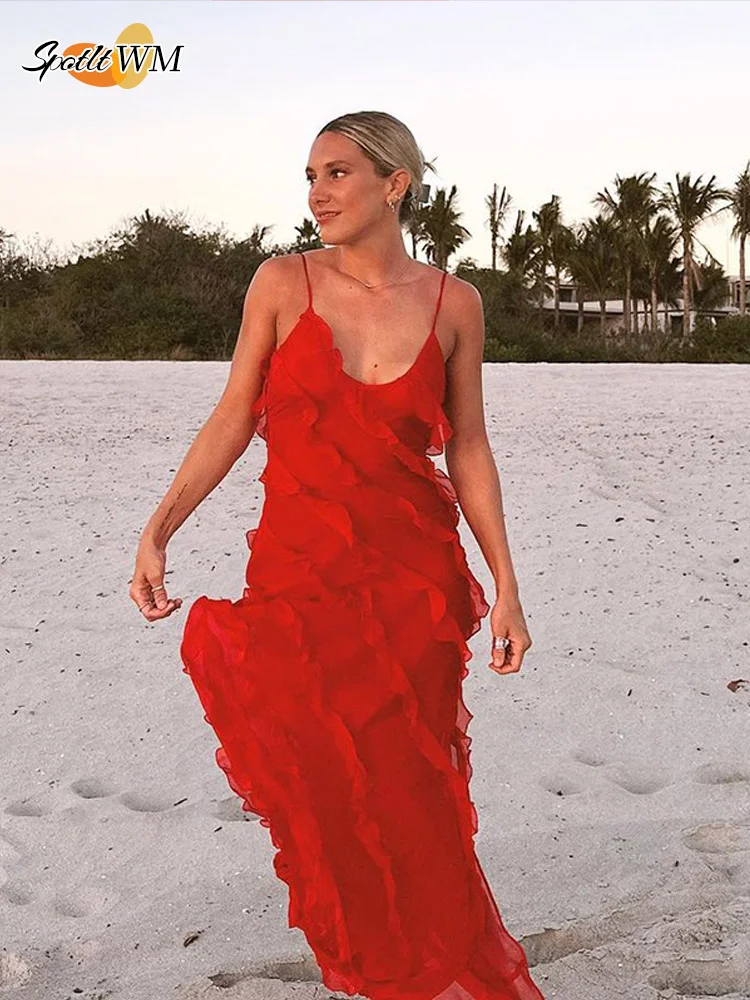 Lady Retro Red Sexy Ruffle Hem Cake Maxi Dress Fashion Sleeveless Backless V Neck Patchwork Long Dresses New Fashion Beach Robes