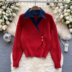 Neploe Elegant Fake Two Piece Knitted Sweaters 2024 Autumn New Denim Patchwork Tops Women Y2k Long Sleeve Pullovers Mujer