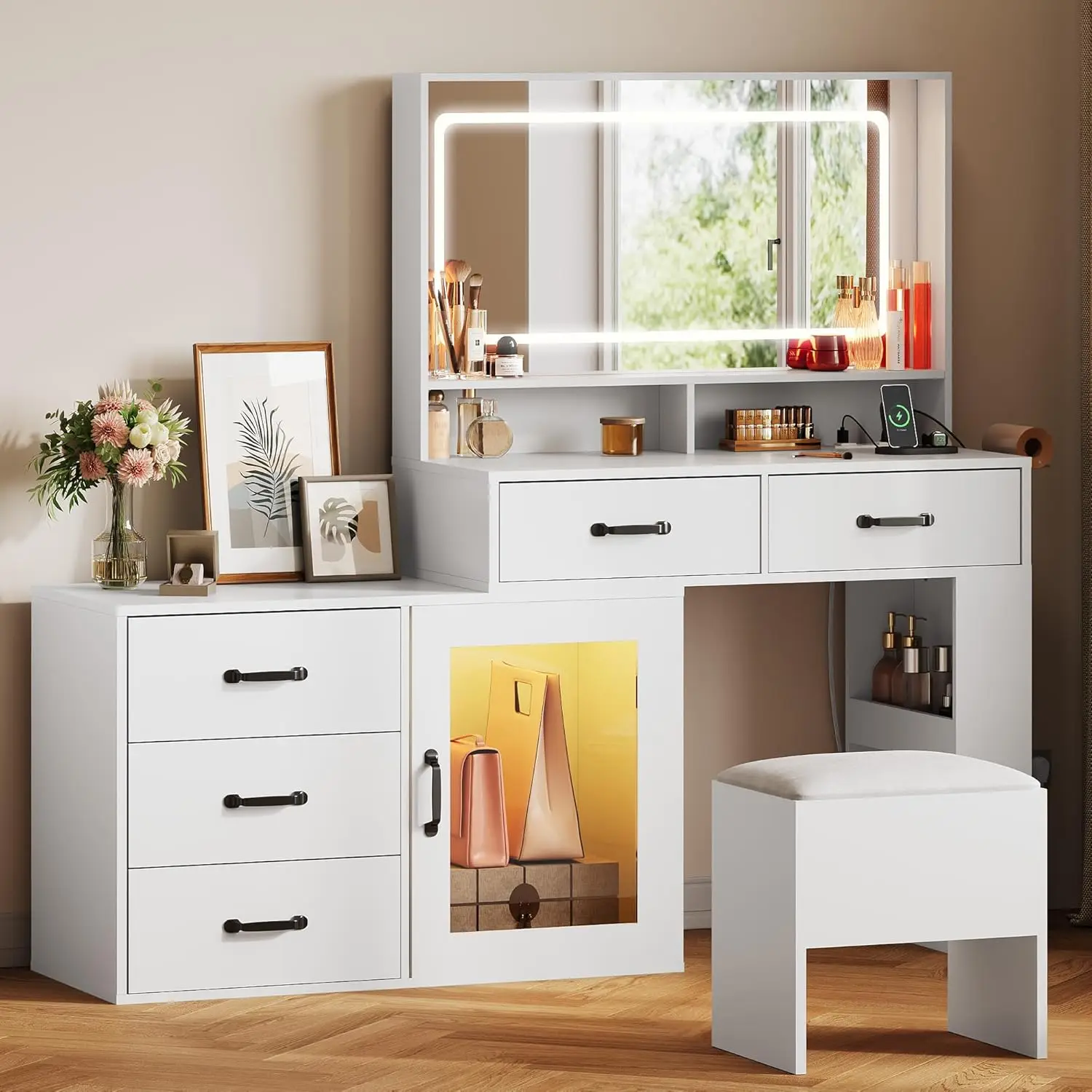 

Make up Vanity Desk with Mirror and Lights, White Vanity Dresser Combo with 5 Drawers and Cabinets