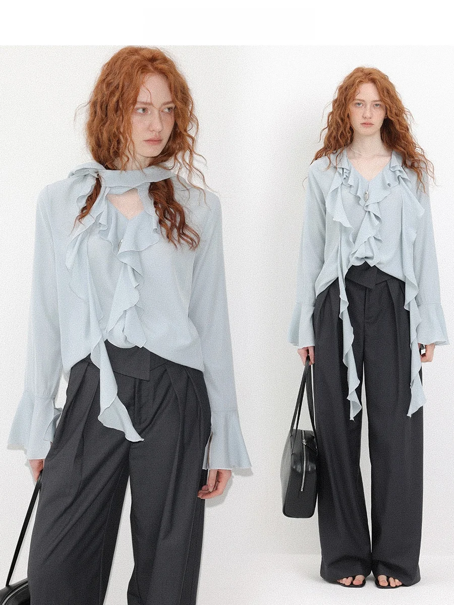 

Женская рубашка CHACHASTU с асимметричным дизайном, длинным рукавом, для весны и осени, для повседневной носки, с кружевным воротником и расклешенным подолом, оверсайз