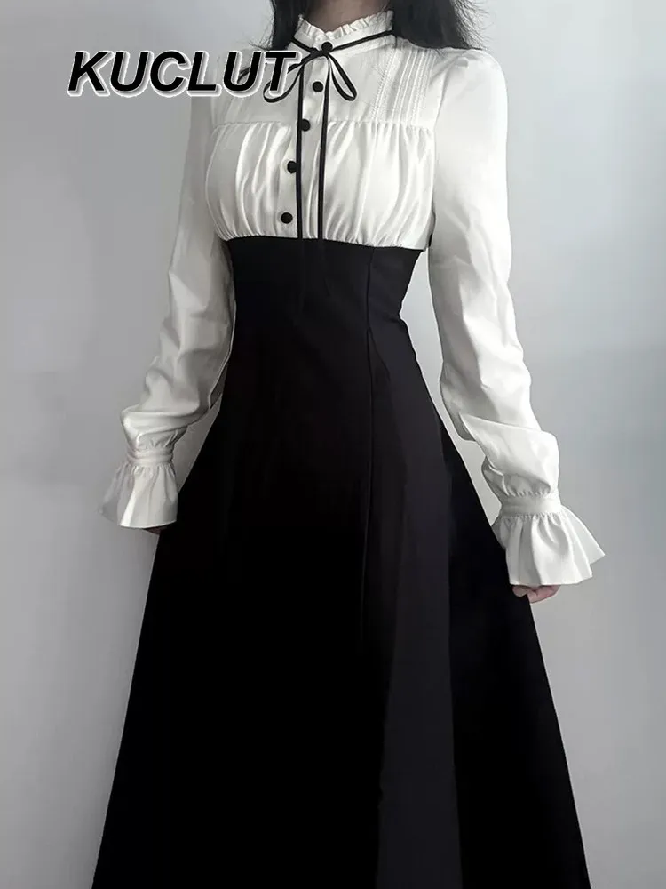 

French Style Vintage Autumn Winter New Elegant Dresses for Women Spring Autumn Waist-Cinching Patchwork Lolita Long Dress