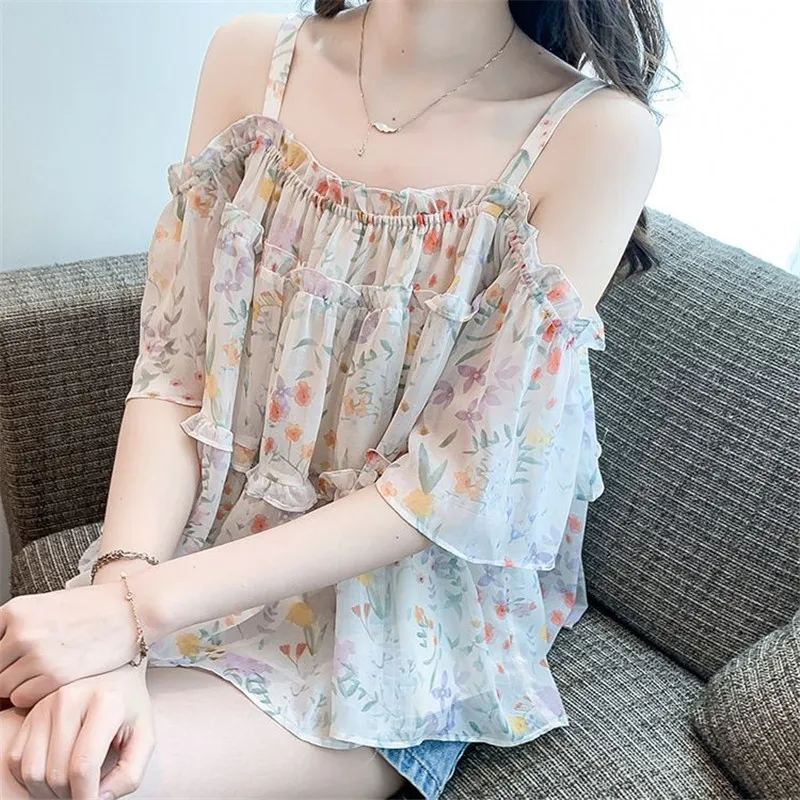 Fragmented Chiffon Shirt Women's Short Sleeved 2024 New Summer Small Shirt One Shoulder Hanging Doll Shirt Top