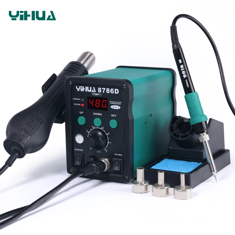 YIHUA 8786D SMD Rework Soldering Station 740W 2 in 1 Digital Display Hot Air Gun Solder Iron