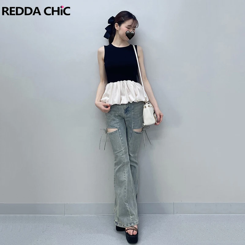ReddaChic Ribbon Cut-out Women Bootcut Pants Cutecore Retro Green High Rise Stretchy Tall Girl Denim Bell Bottoms Y2K Streetwear
