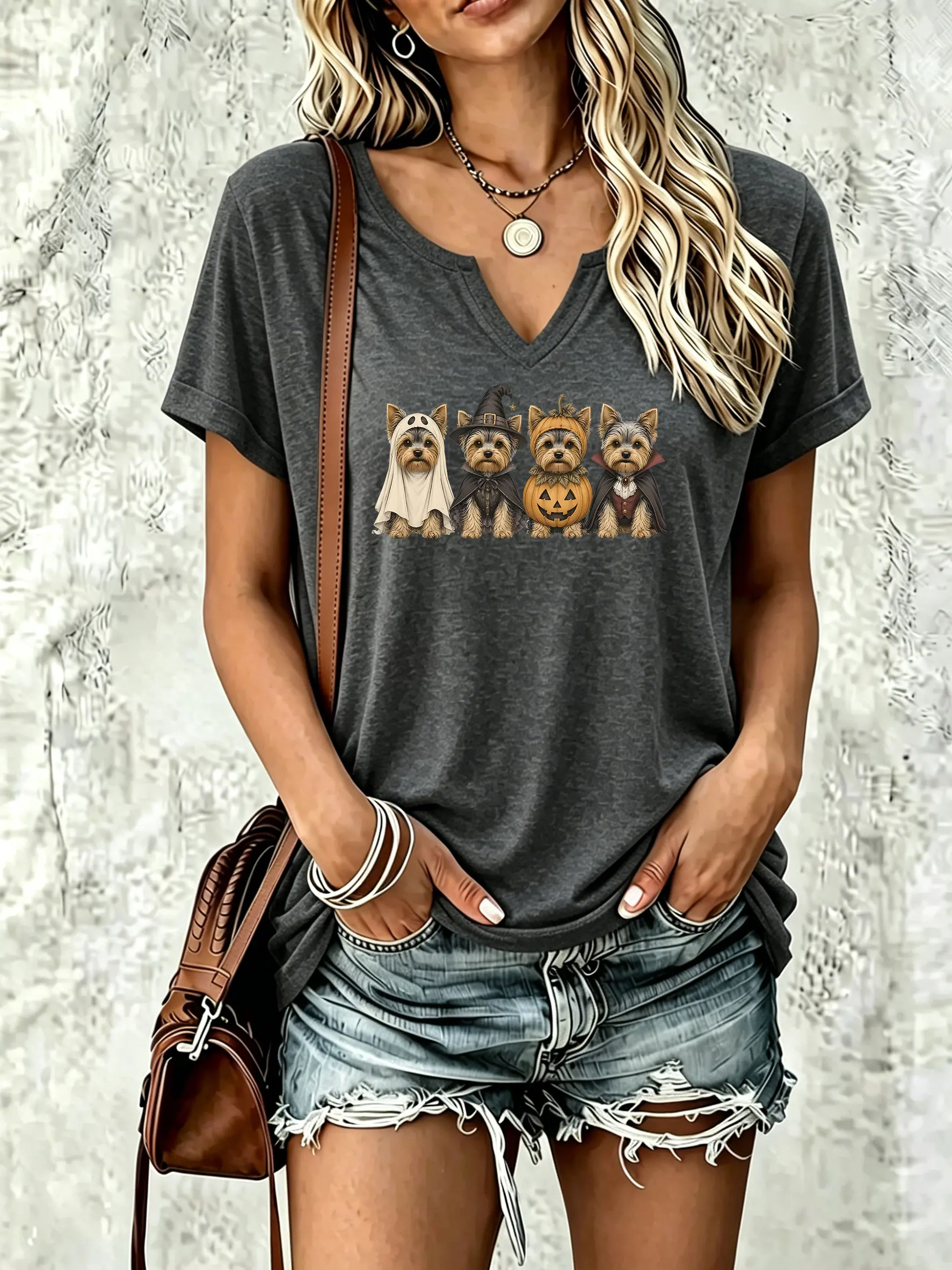 Women's V‑Neck Short Sleeve T‑Shirt, Cute Yorkshire Terrier Dogs in Halloween Costumes with Ghost Witch Pumpkin Casual Tee