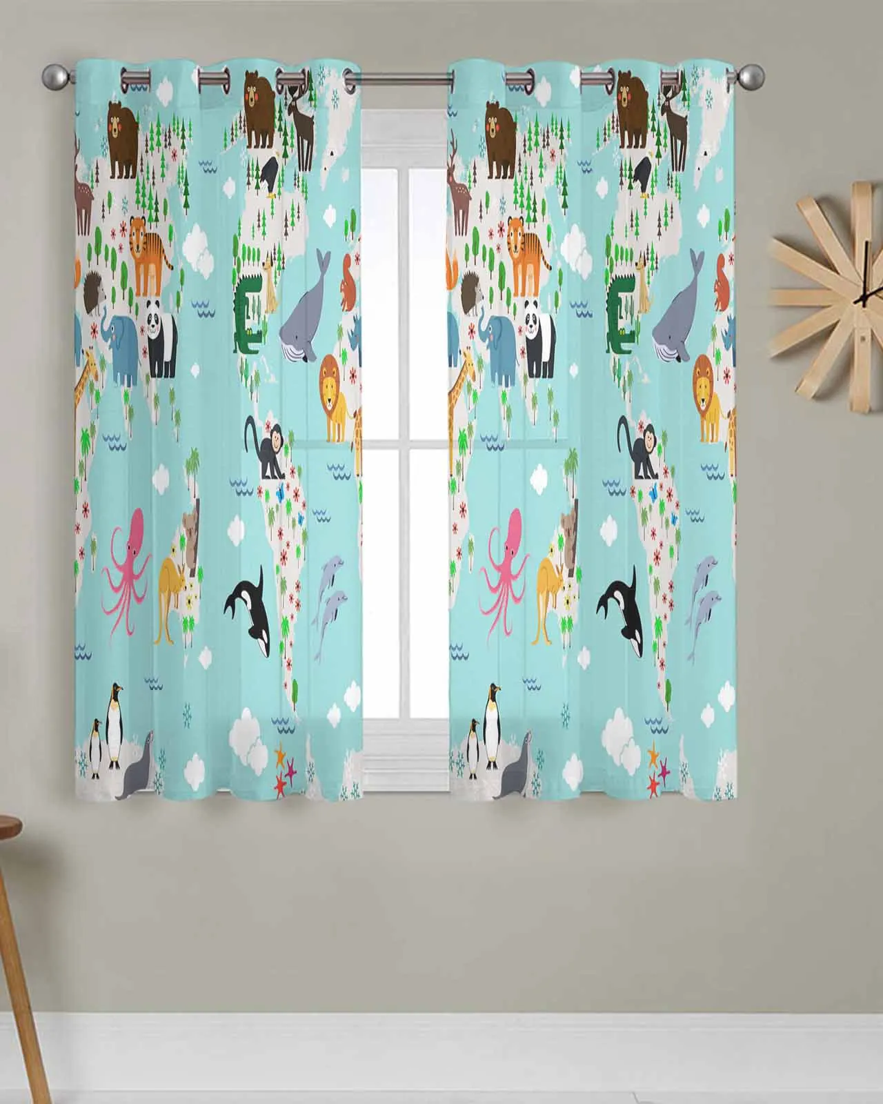 

2pcs/set Tulle Window Curtains Cute Cartoon World Animal for Living Room Bedroom Transparent Chiffon Sheer Voile Window Curtain