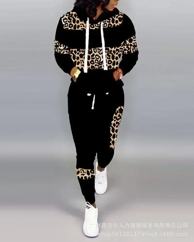 2024 Leopard Print Long Sleeve Hoodie & Pants Set Women Autumn Winter Sweartshirts High Waist Sweatpants