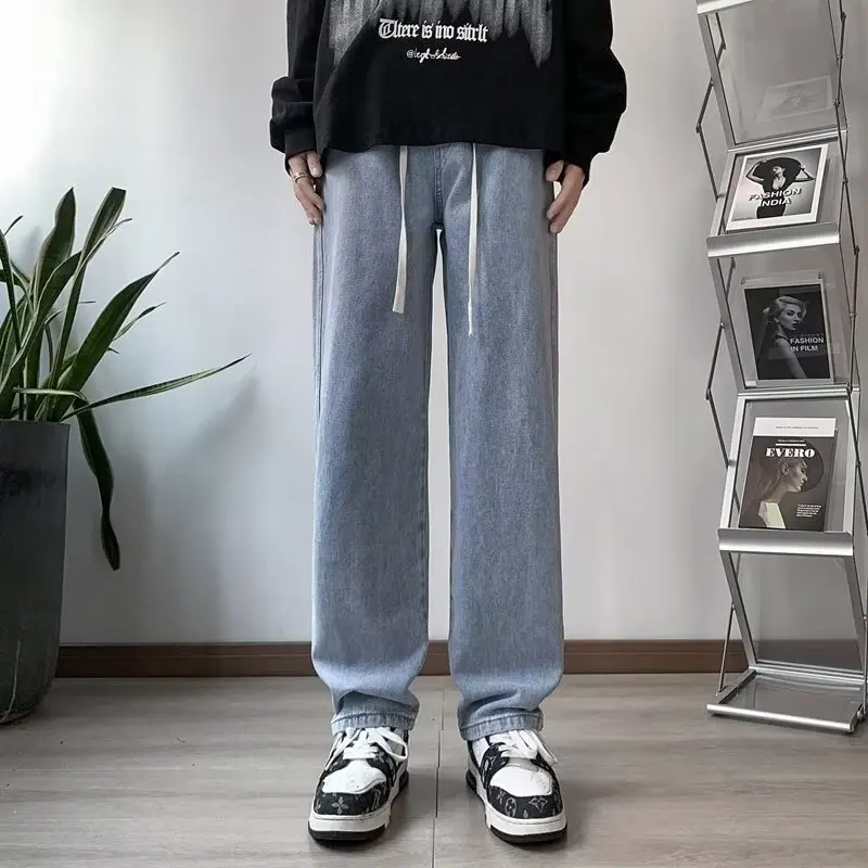 

2026 New Streetwear Loose Jeans Men Korean Style Fashion Loose Straight Wide Leg Pants Men's Brand Clothing Black Light Blue