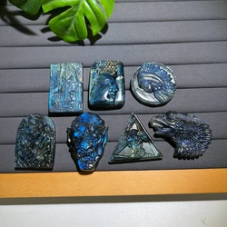 Natural Labradorite Pendant, Hand Carved Labradorite Decor ,Blue Moonstone Skull Eagle Buddha Virgin Mary Charm for Neckace