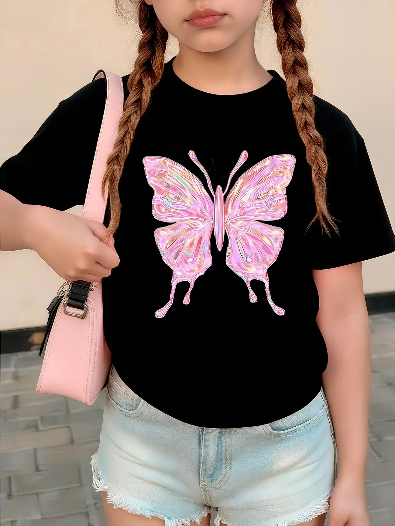Modische rosa Schmetterlings-T-Shirts im Y2K-Stil, Grafik-T-Shirt für Kinder, Jungen und Mädchen, Sommer, Frühling, lässiges Oberteil, T-Shirt