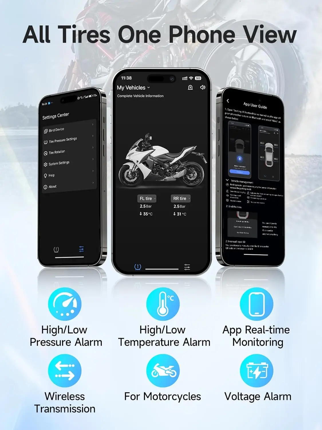 نظام مراقبة ضغط الإطارات اللاسلكي للدراجات النارية من Moman، نسخة مطورة من أجهزة استشعار TPMS للدراجات النارية مجموعة من 2