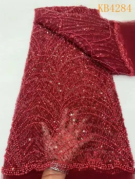 ผ้าลูกไม้ปักเลื่อมประดับลูกปัดแอฟริกันสำหรับ KB4284ชุดเดรสปาร์ตี้งานแต่งงานผ้าโปร่งตาข่ายฝรั่งเศส2024ล่าสุด