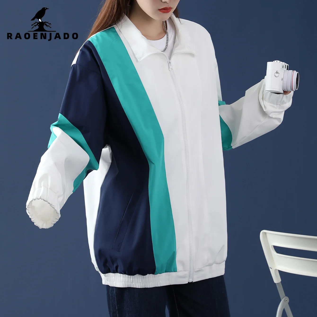 Women's Stand-up Collar Zipper Jacket Spring&Autumn Loose-Fit Coat Casual Patchwork Color-Block Breathable Mesh Lining Outerwear