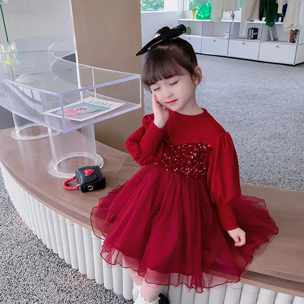 Autumn Winter Girl's Princess Dresses Fashion O-Neck Long Sleeve Tulle Patchwork Flower Girls Dress Burgundy Christmas Dress