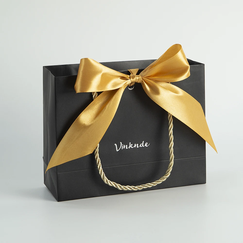 100Pcs Custom Logo Black Paper Shopping Bags with Handle Gold Bow Boutique Clothes Merchandise Wedding Party DIY Gift Packaging