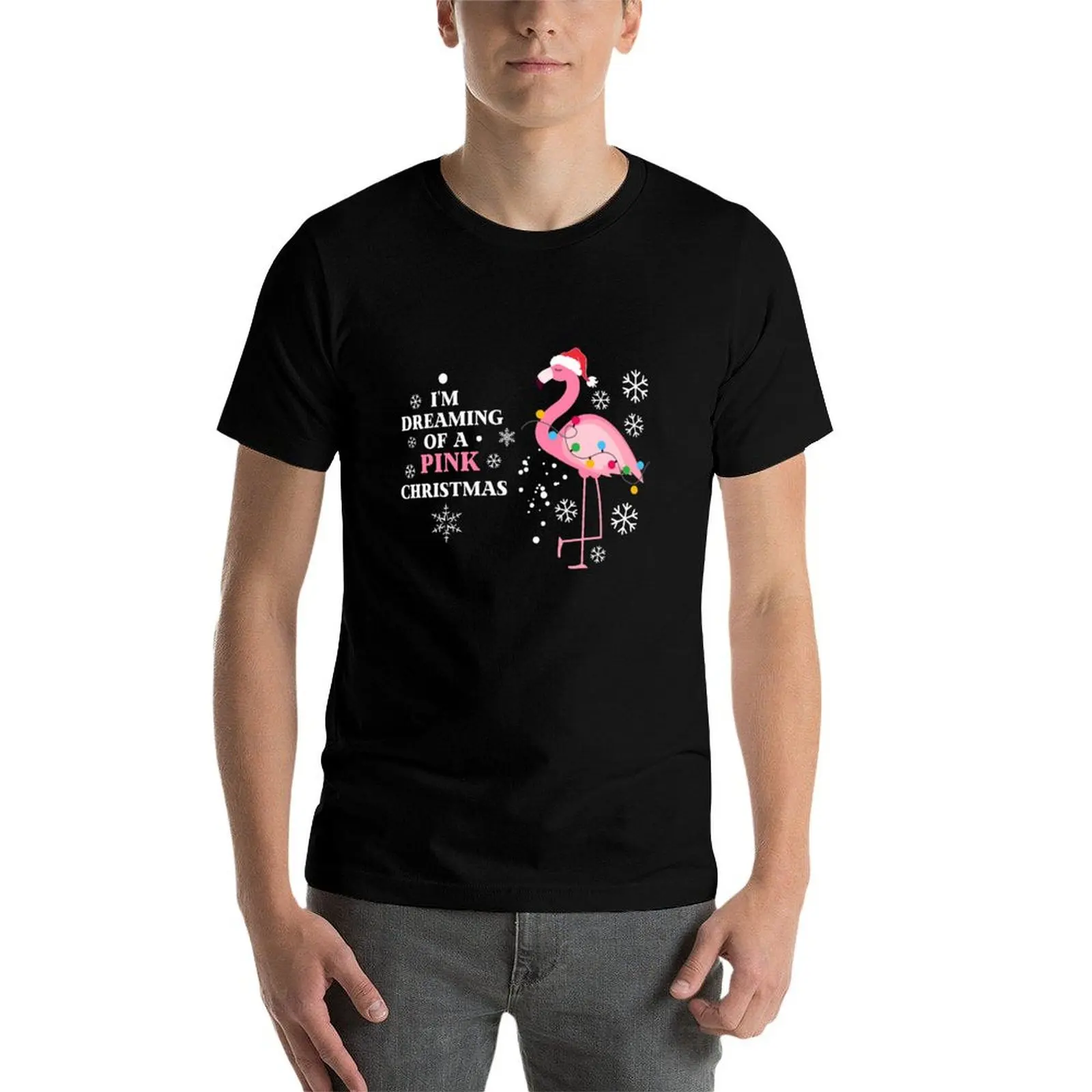 T-shirt graphique à séchage rapide pour hommes, je rêve d'un flamant rose tropical de Noël rose, t-shirts vintage