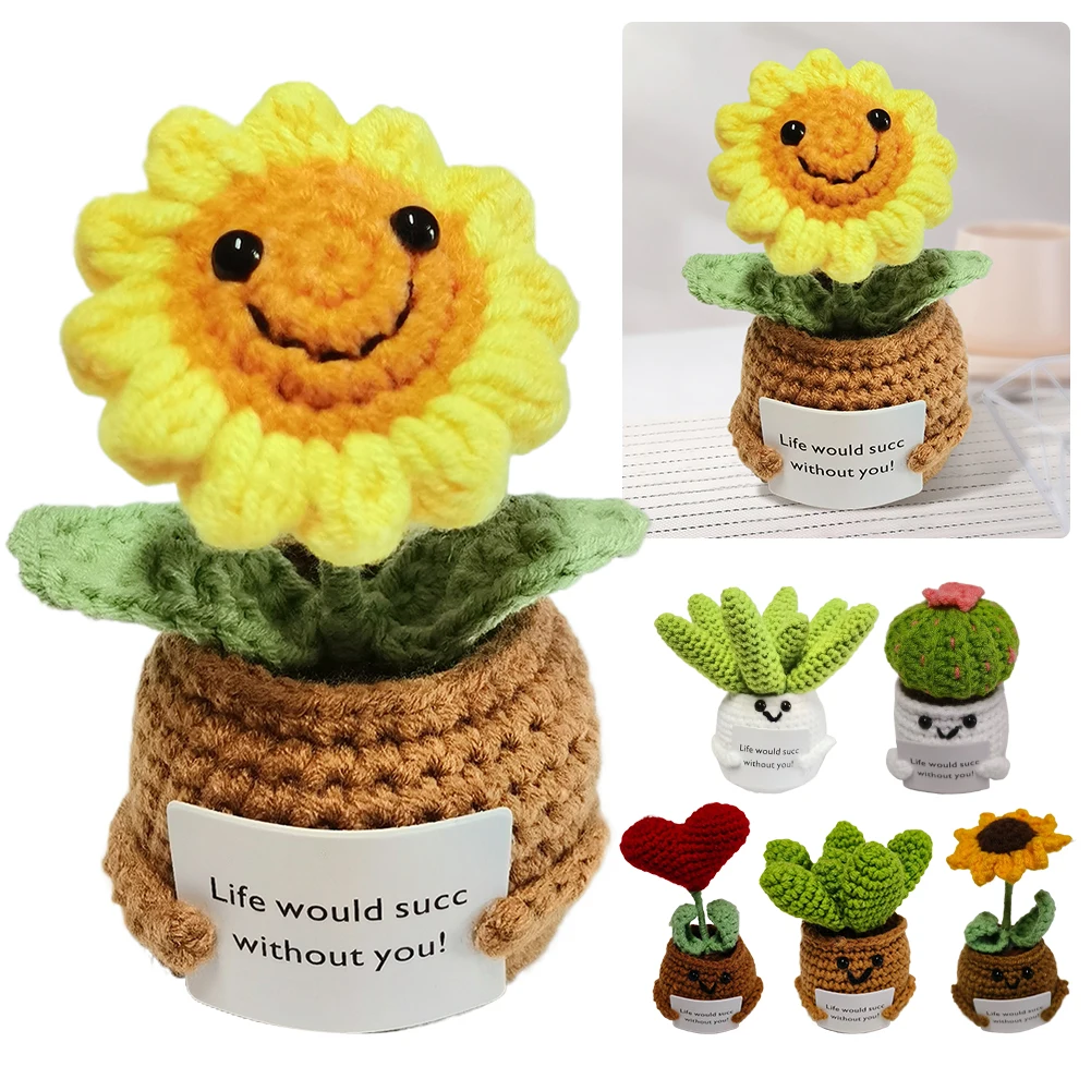 Knitted Potted Positive Toy with Card Mini Handmade Yarn Toys Creative Hug Pocket Plant Dolls Birthday Gifts for Friends