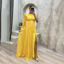 Charming New Prom Gowns 2024 Yellow Side Split Evening Dresses Long Sleeve Birthday Party Dress Pleated Robe de Soiree On Sale