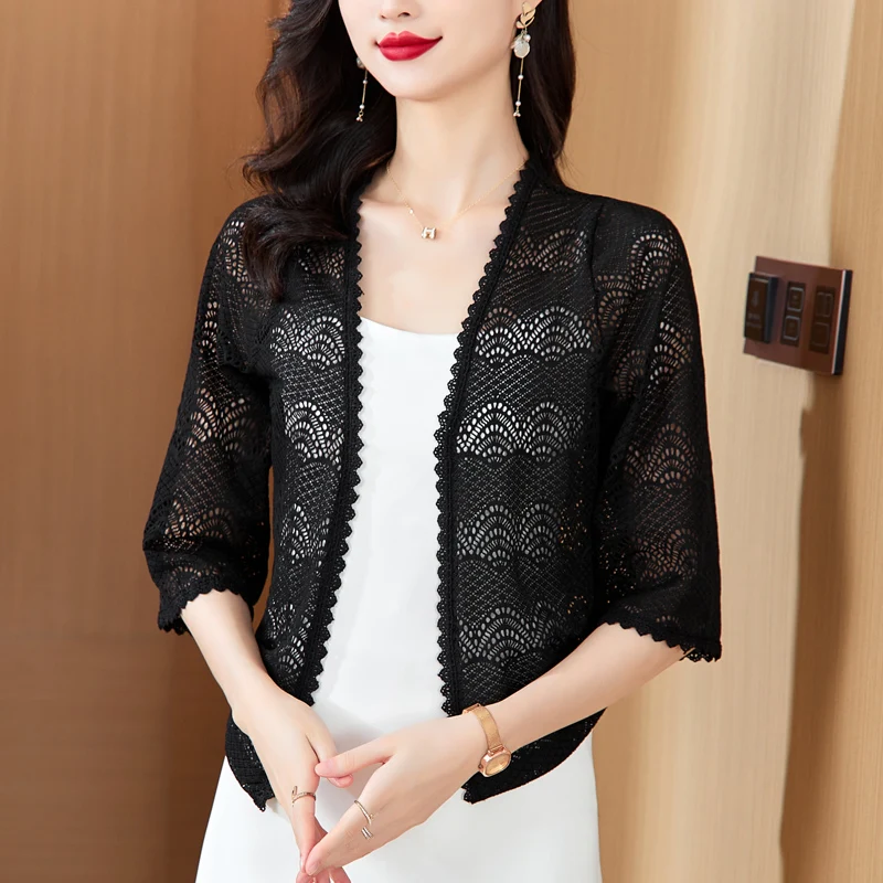 

Spring Summer Three Quarter Sleeve Lace Shawl Women's Cardigan Thin Coat Fashion Solid Color Hollow Out Sunscreen Clothes