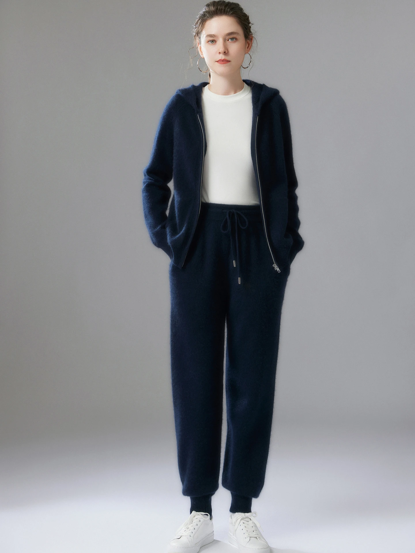 

TLOML Women's 100% Cashmere Hooded Zipper Cardigan Cashmere Pants Casual SuitAutumn Winter High Quality Cashmere Knitwear Suit