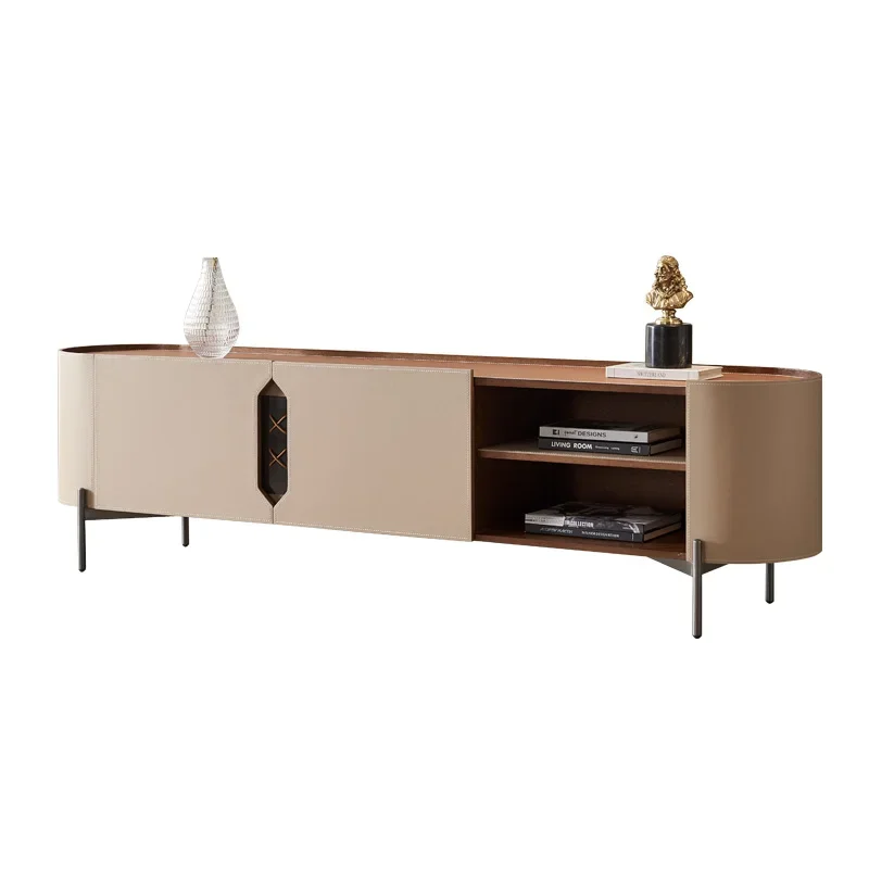 

Minimalist Saddle Leather TV Cabinet and Tea Table Combination Living Room Modern Minimalist round Corner Locker Floor Cabinet