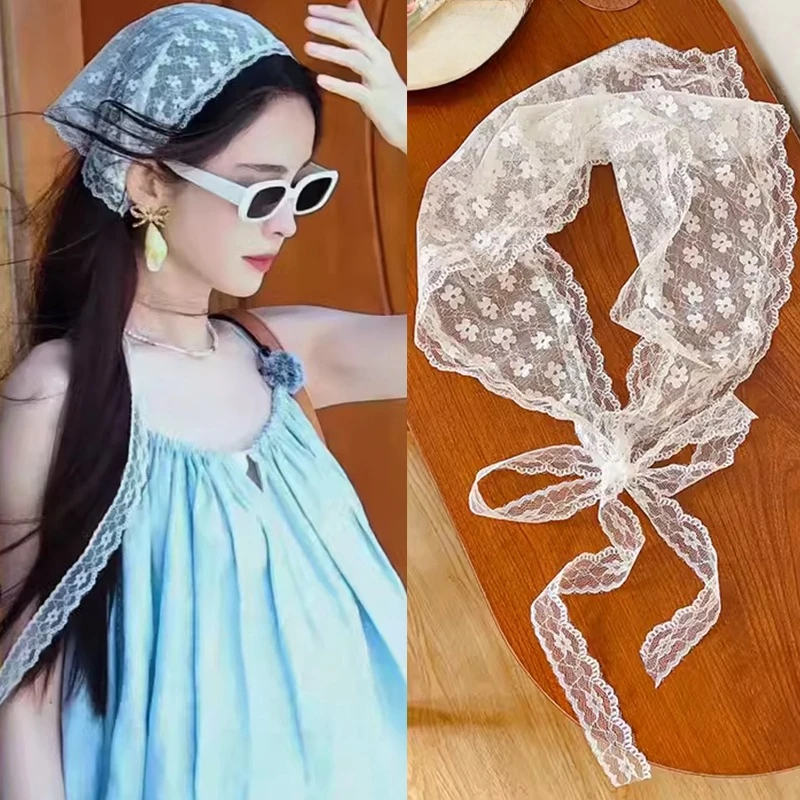 Retro Sweet Flower Triangle Hair Scarf Women Girls Square Scarf Headband Korean French Pastoral Headdress Summer Lace Headwear