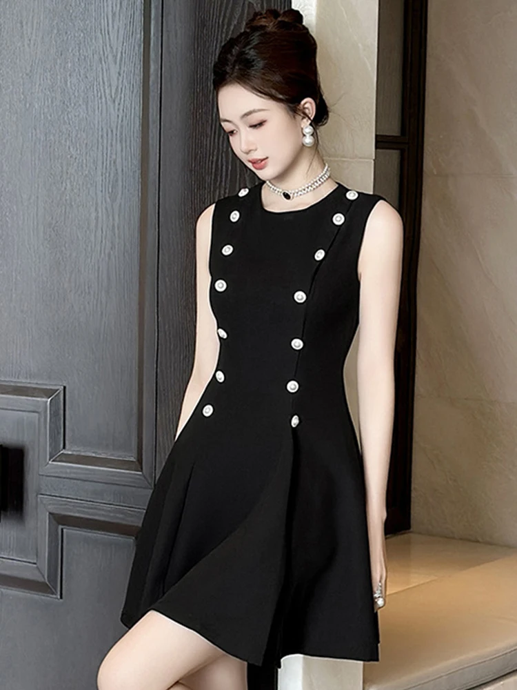 ملابس نسائية فستان قصير أنيق للسيدات حلو ريترو أسود مزدوج الصدر مطوي ثوب نسائي للحفلات والنوادي فيستدو سيدة
