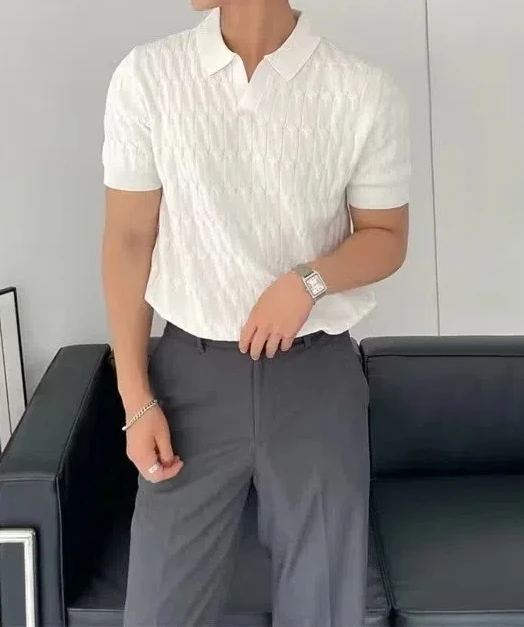 Fashionable and Popular Korean Version Solid Color Slim Fit Ice Silk Polo Shirt Short Sleeved Men's Casual Lapel Base Shirt - Image 2