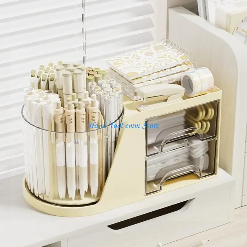 

H37F Pen Holder Multifunctional Storage Box Rotating Desk Organiser with 2 Drawer Makeup Brush Holder