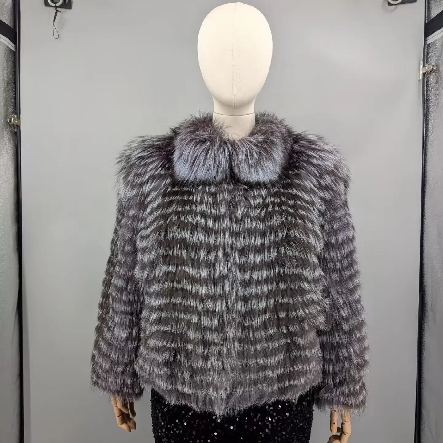 Real Fox Fur Striped Coat Women Silver Fox Lapel Collar Long Sleeve Luxury Open Front Jacket 231026